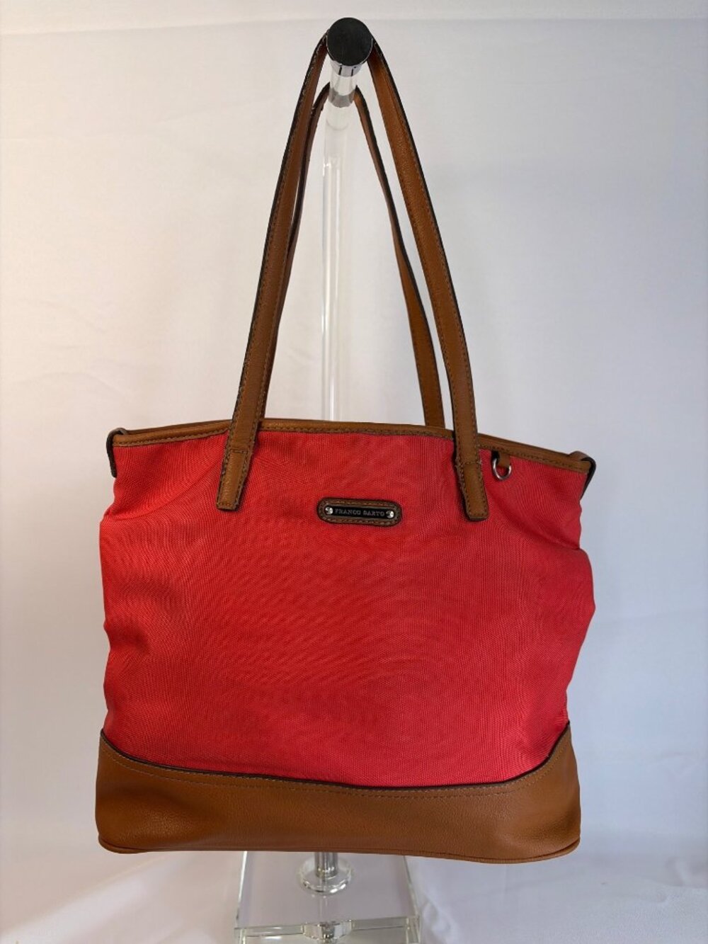 Franco Sarto Tote Shoulder Bag Brown Leather Red Canvas Nylon Trim Handbag